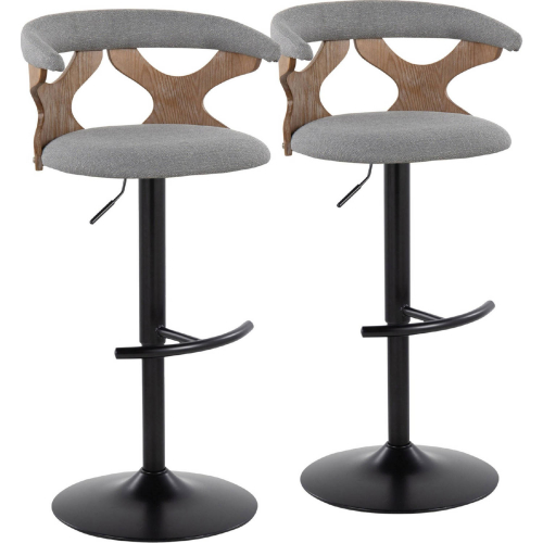 Gardenia Adjustable Swivel Bar Stool in White Washed Wood, Black Metal & Grey Fabric (Set of 2)